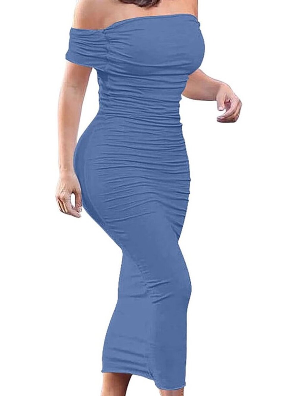 GOBLES Women Ruched Off Shoulder Bodycon Midi Cocktail Party Dress L